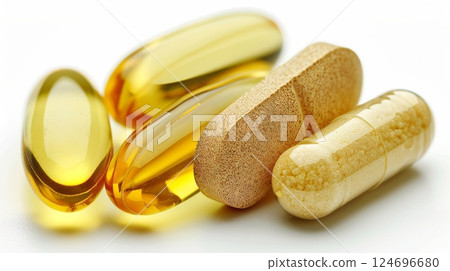 Assortment of Vitamins and Supplements Softgels and Tablets in Close-Up on White Background 124696680