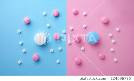 Pink And Blue Pills Arranged On A Pink And Blue Background, Health And Medicine Concept. 124696780