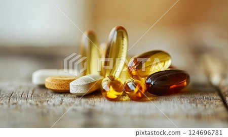 Vitamins and Supplements for Health, Assorted capsules and Tablets on Rustic Wood Background 124696781