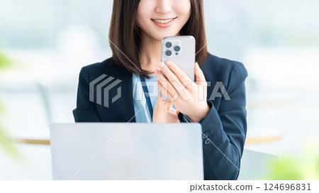 使用智慧型手機的微笑的女人/女商人 124696831