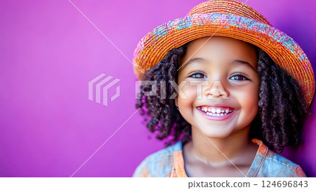 A smiling black child wearing a straw hat and casual clothes stands against a bright purple background 124696843