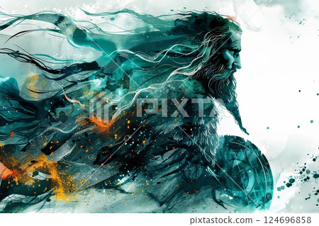 Watercolor portrait of viking warrior with flowing hair and shield on white background 124696858