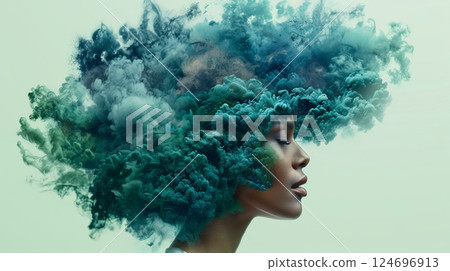 Woman with Eyes Closed and Blue, Green Smoke Cloud Around Her Head on Green Background 124696913