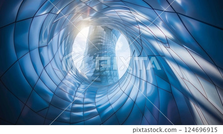 Abstract Architecture Swirling Glass and Steel Facade of a Modern Building, Perspective View 124696915