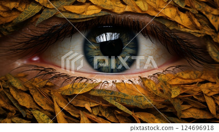 Close-up of an Eye Framed by Golden Leaves, Beauty and Autumn Concept with Striking Colors 124696918