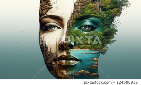 Double Exposure Portrait of Woman Merging With Industrial Cityscape and Tropical Island Paradise 124696919