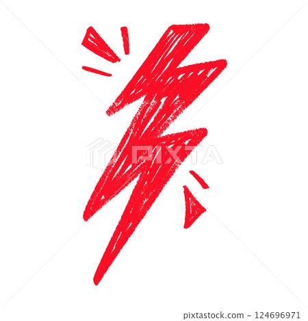 Red Hand draw thunder bolt with zappy doodle lines. Electric lightning flash energy symbol. Flat vector illustration isolated on white background. Red Hand draw thunder bolt with zappy doodle lines. Electric lightning flash energy symbol. Flat vector illustration isolated on white background. 124696971