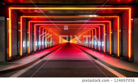 Neon Lights Tunnel. Geometric Perspective of Glowing Lines Creating an Abstract Corridor 124697056