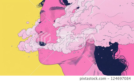 Woman With Pink Cloud, Abstract Illustration Of Anxiety, Mental Health, And Surrealism. 124697084