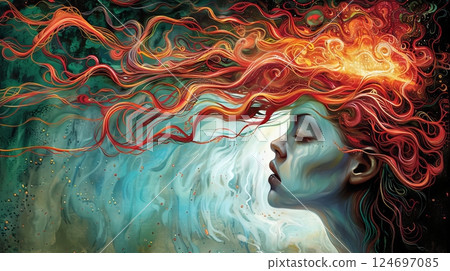 A Woman with Fiery, Flowing Hair Abstract Digital Art Portrait of Freedom and Passion 124697085