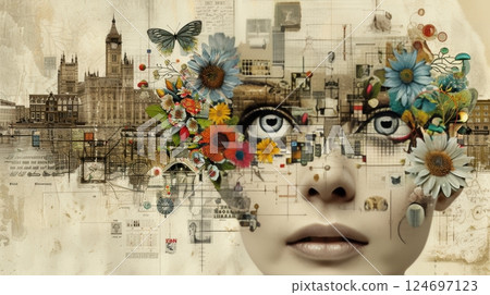Urban Nature Harmony Woman s Face with London Architecture and Flowers. Conceptual Art. 124697123