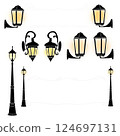 Monochrome antique street lamp and frame set for black background with light 124697131