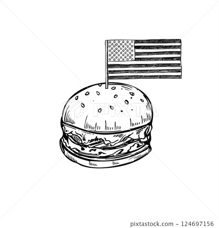 Traditional burger with paper American flag on stick bold monochrome vector illustration painted by black inks. Beef sandwich for 4th of July promotions, fast food branding, and summer BBQ campaigns. 124697156