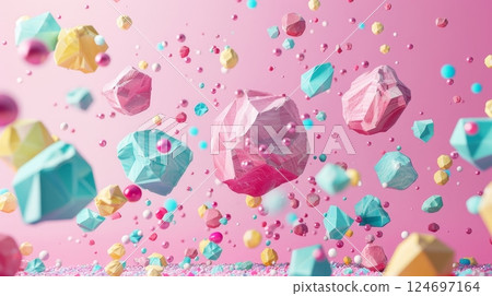 Abstract Colorful Geometric Shapes and Shiny Spheres Falling on Pink Background, 3D Render 124697164