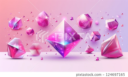 3D Rendering. Pink Futuristic Diamonds, Crystals, or Gemstones with Neon Glow on Gradient Background 124697165