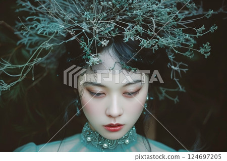 Portrait of a Beautiful Young Woman with Twig Crown, Mysterious and Alluring Look, Dark Background Portrait of a Beautiful Young Woman with Twig Crown, Mysterious and Alluring Look, Dark Background 124697205