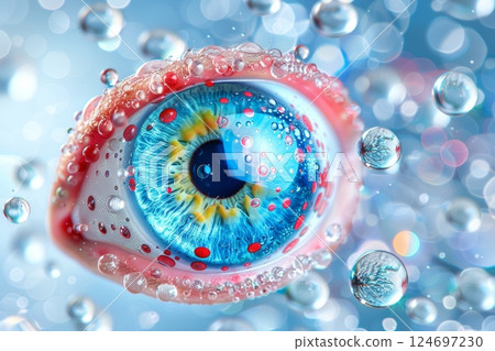 Macro View of a Blue Eye with Water Droplets, Illustrative Medical Render, Ophthalmology Concept Macro View of a Blue Eye with Water Droplets, Illustrative Medical Render, Ophthalmology Concept 124697230
