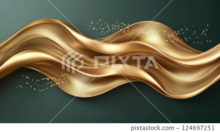Elegant dark gold liquid waves create a smooth abstract banner design set against green background 124697251