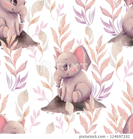 Cute baby elephants, floral illustration, seamless pattern Cute baby elephants, floral illustration, seamless pattern 124697282