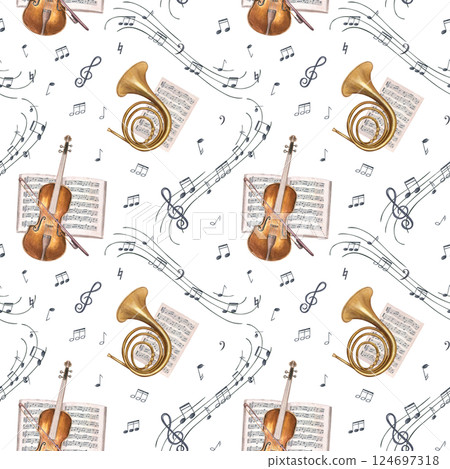 Watercolor violin with bow, French horn, open music notebook and musical notes on black staff seamless pattern isolated background. Flying sound symbols on waving stave among musical instruments. 124697318