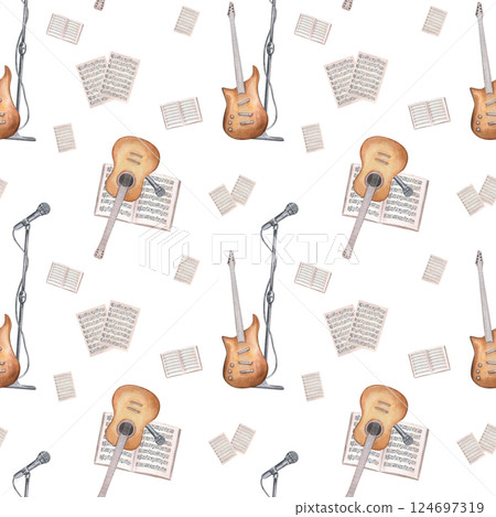Watercolor musical string instruments, music sheets and microphone on stand seamless pattern isolated background. Guitar concert accessories ornate for festival branding, poster, educational material Watercolor musical string instruments, music sheets and microphone on stand seamless pattern isolated background. Guitar concert accessories ornate for festival branding, poster, educational material 124697319