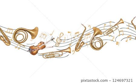 Watercolor musical instruments floating on the musical staff among the notes horizontal seamless banner isolated background. French horn, violin, trumpet, saxophone and musical symbols pattern. Watercolor musical instruments floating on the musical staff among the notes horizontal seamless banner isolated background. French horn, violin, trumpet, saxophone and musical symbols pattern. 124697321
