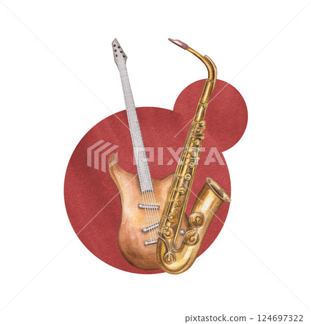 Watercolor brass saxophone, electric guitar on abstract round shape brushstroke illustration isolated background. Classical string and woodwind instruments. Jazz elements for musical festival poster 124697322