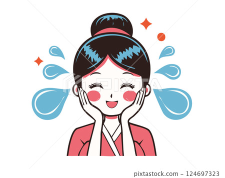 Illustration of a girl with smooth, refreshing skin after washing her face 124697323
