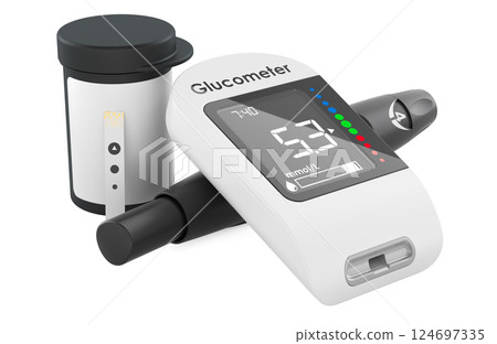 Glucometer, adjustable lancing device and glucose test strip container with disposable test strip. 3D rendering Glucometer, adjustable lancing device and glucose test strip container with disposable test strip. 3D rendering 124697335