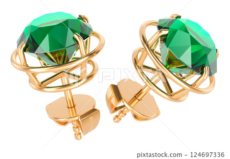 Golden stud earrings with emeralds green gems. 3D rendering 124697336