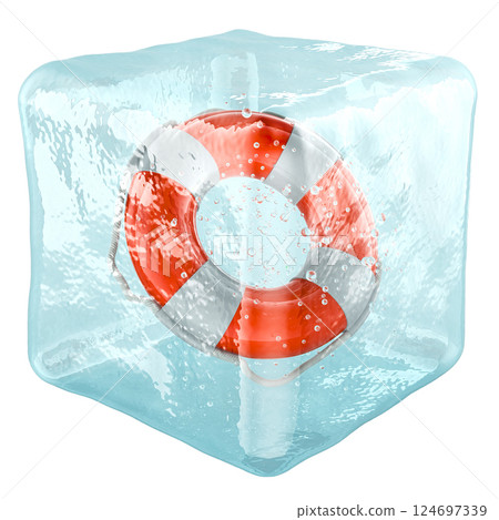 Lifebelt frozen in ice cube. Frozen help, concept. 3D rendering Lifebelt frozen in ice cube. Frozen help, concept. 3D rendering 124697339