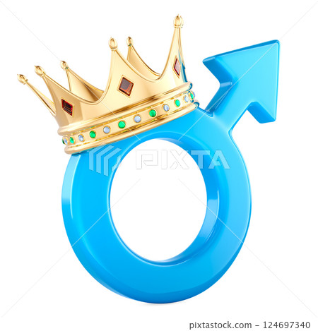 Male gender symbol with golden crown. 3D rendering 124697340