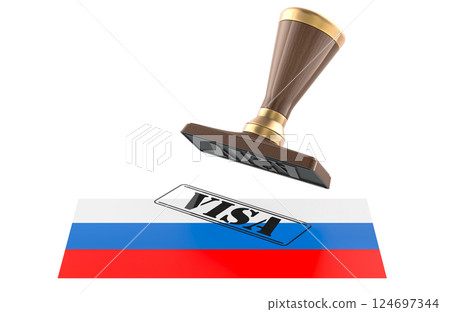 Russian Visa Approved with Rubber Stamp and flag, 3D rendering 124697344