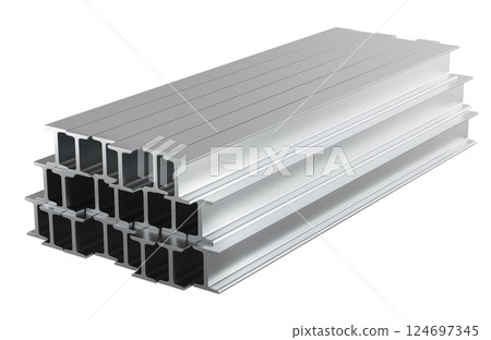 Stack of I-beams or H-shaped, rolled steel joist, double T. 3D rendering 124697345