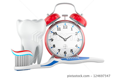 Tooth, toothbrush with toothpaste and alarm clock. 3D rendering Tooth, toothbrush with toothpaste and alarm clock. 3D rendering 124697347