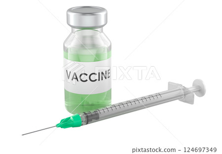 Vaccine in vial with syringe. Vaccination, concept. 3D rendering Vaccine in vial with syringe. Vaccination, concept. 3D rendering 124697349
