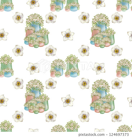 Seamless pattern of white flowers primroses in blue, green, beige ceramic pots. Watercolor illustration isolated on white. Floral pattern of foget-me-not in pots botanical style for spring design 124697373
