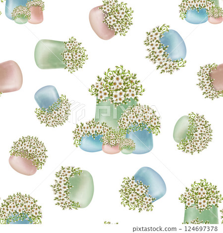 Seamless pattern of white flowers primroses in blue, green, beige ceramic pots. Watercolor illustration isolated on white. Floral pattern of foget-me-not in pots botanical style for spring design Seamless pattern of white flowers primroses in blue, green, beige ceramic pots. Watercolor illustration isolated on white. Floral pattern of foget-me-not in pots botanical style for spring design 124697378
