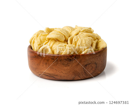 Raw Orecchiette Pasta, Homemade Dry Macaroni, Italian Recchietedde Raw Orecchiette Pasta, Homemade Dry Macaroni, Italian Recchietedde 124697381