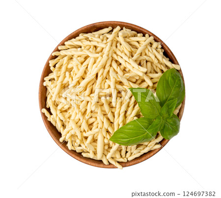 Raw Trofie Pasta, Dry Italian Macaroni, Traditional Genoa Food, Raw Noodle, Modern Ligurian Cuisine Raw Trofie Pasta, Dry Italian Macaroni, Traditional Genoa Food, Raw Noodle, Modern Ligurian Cuisine 124697382