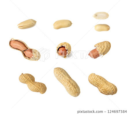 Peanuts Isolated, Roasted Arachis Nuts, Open Pea Nut, Whole Groundnut with Shell, Peanut on White 124697384