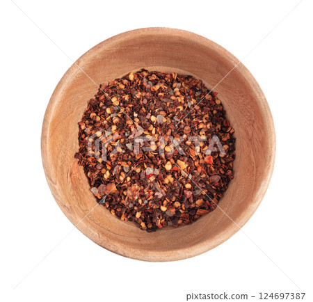 Chili and salt seasoning, red chilli pepper spice powder, dry crushed hot pepper flakes 124697387
