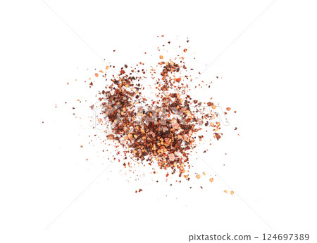 Chili and salt seasoning, red chilli pepper spice powder, dry crushed hot pepper flakes 124697389