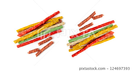 Rawhide chew sticks for dogs, colorful collagen dog food, pressed dry kibble, dental care treats Rawhide chew sticks for dogs, colorful collagen dog food, pressed dry kibble, dental care treats 124697393