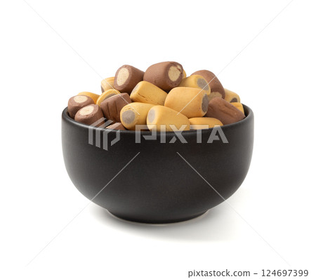 Filled dog biscuits, crackers isolated, soft crunchy pet treats pile, flavored small canine cookie Filled dog biscuits, crackers isolated, soft crunchy pet treats pile, flavored small canine cookie 124697399