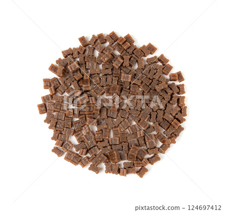 Mini bone-shaped pet food, small dogs crunchy treats, flavored brown dry kibble, canine food 124697412