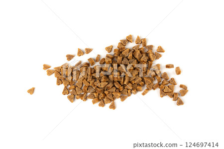 Mini pet food shaped like hearts isolated, small dogs crunchy treats pile, flavored brown dry kibble Mini pet food shaped like hearts isolated, small dogs crunchy treats pile, flavored brown dry kibble 124697414