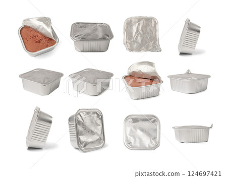 Pet Food in Metal Packaging Isolated, Wet Food for Cats, Dog Canned Pate, Open Pet Food on White Pet Food in Metal Packaging Isolated, Wet Food for Cats, Dog Canned Pate, Open Pet Food on White 124697421