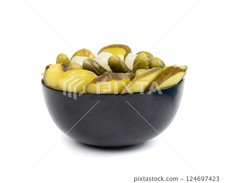 Pickled sliced cucumbers, fermented food, marinated canned vegetables, gherkins, pickles Pickled sliced cucumbers, fermented food, marinated canned vegetables, gherkins, pickles 124697423