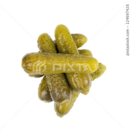 Gherkins isolated, pickled small cucumbers, tiny fermented food, little marinated canned vegetables Gherkins isolated, pickled small cucumbers, tiny fermented food, little marinated canned vegetables 124697428